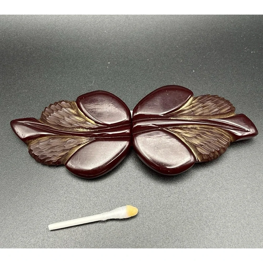 VTG 1940's Deep Brown Maroon Bakelite Carved Leaves 2 Piece Belt Buckle